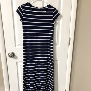 Short sleeve, maxi dress. Navy with white stripes